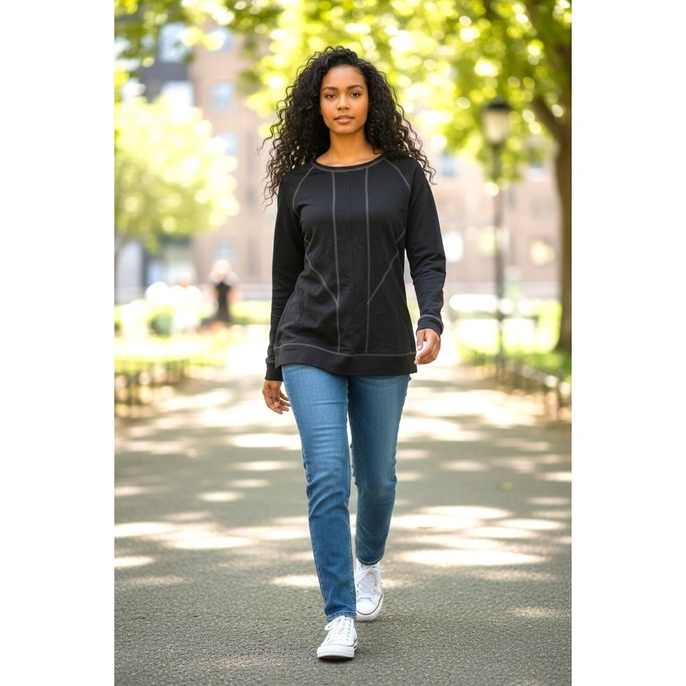 (E-195) d&Co Active Black Pullover Top Womens Small Long Sleeve Stretch‎ QVC New